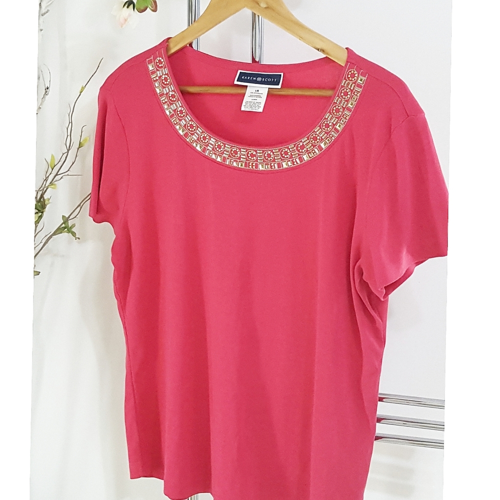 NEW💖Karen Scott🌹Cotton Short Sleeve Round Embellished Neckline Top